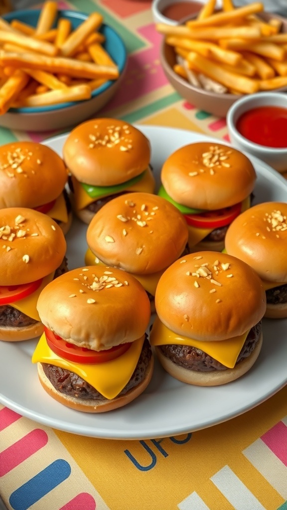 Classic 8-Bit Hamburger Recipe A platter of mini hamburgers with cheese, lettuce, and tomato on colorful buns, served with fries.